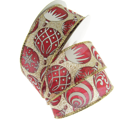 Wired Edge Red & White Christmas Baubles Ribbon on Silver or Gold 38mm - 46066