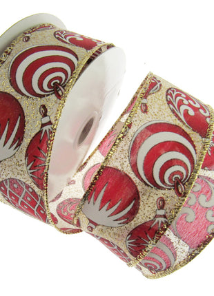 Wired Edge Red & White Christmas Baubles Ribbon on Silver or Gold 38mm - 46066
