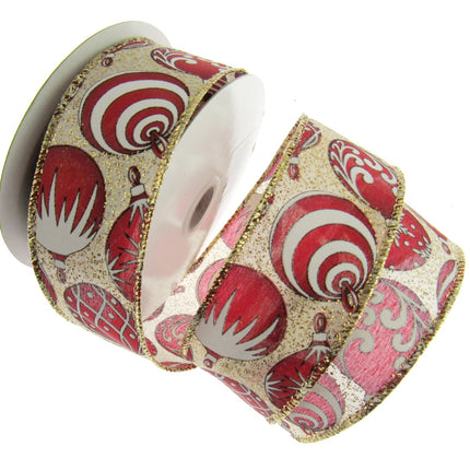 Wired Edge Red & White Christmas Baubles Ribbon on Silver or Gold 38mm - 46066