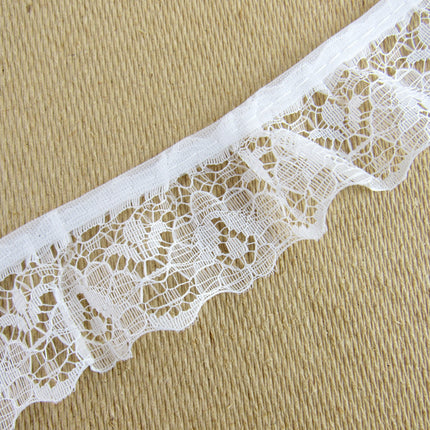 Gathered Frilled Nylon Lace with Large Daisy - 25mm 1" - Nottingham Lace - 2050F - ThreadandTrimmings