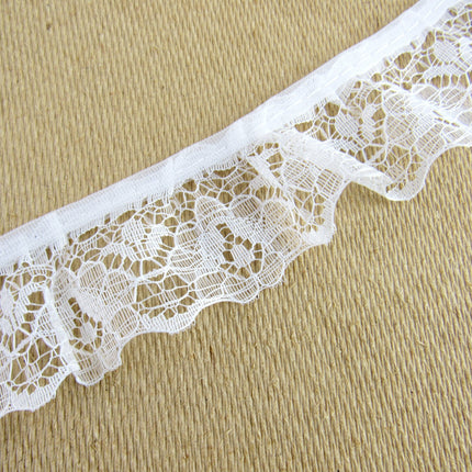 Gathered Frilled Nylon Lace with Large Daisy - 25mm 1" - Nottingham Lace - 2050F - ThreadandTrimmings