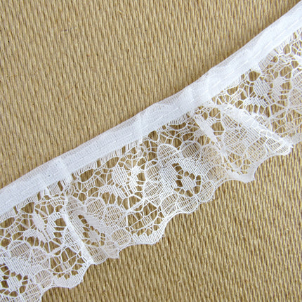 Gathered Frilled Nylon Lace with Large Daisy - 25mm 1" - Nottingham Lace - 2050F - ThreadandTrimmings