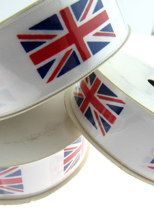UNION JACK PRINTED on WHITE SATIN RIBBON 25mm & 38mm - ThreadandTrimmings