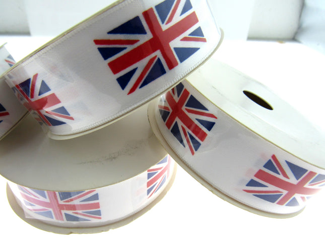 UNION JACK PRINTED on WHITE SATIN RIBBON 25mm & 38mm - ThreadandTrimmings