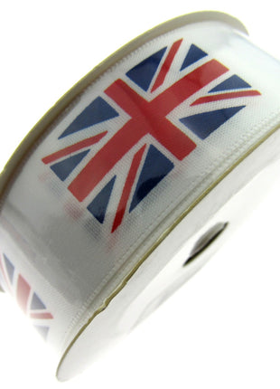 UNION JACK PRINTED on WHITE SATIN RIBBON 25mm & 38mm - ThreadandTrimmings