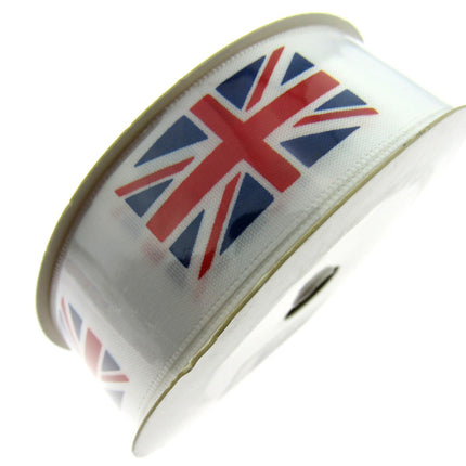 UNION JACK PRINTED on WHITE SATIN RIBBON 25mm & 38mm - ThreadandTrimmings