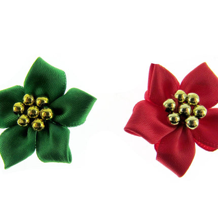 Poinsettia Bows with Metallic Gold Beads Christmas Bottle Green & Red Bows