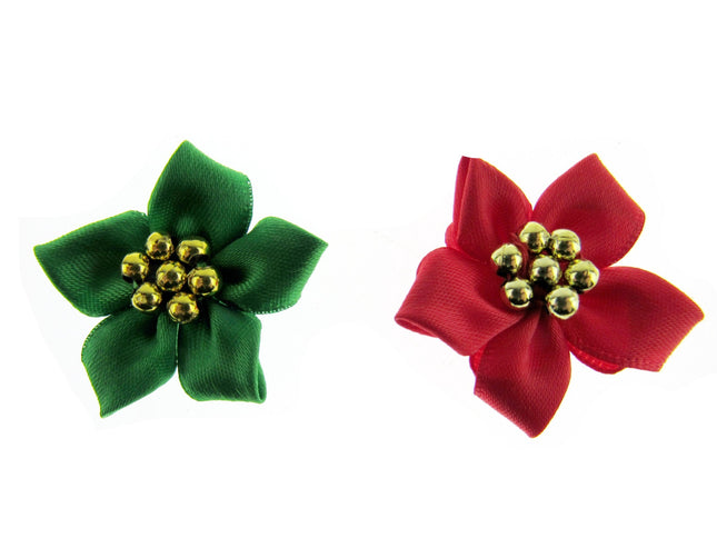 Poinsettia Bows with Metallic Gold Beads Christmas Bottle Green & Red Bows