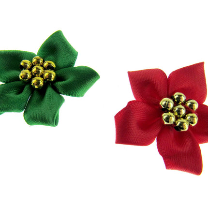 Poinsettia Bows with Metallic Gold Beads Christmas Bottle Green & Red Bows