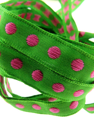 Bright Funky Narrow Ribbon with Woven Contrasting Spot - 10mm -5m or 20m Lengths - ThreadandTrimmings