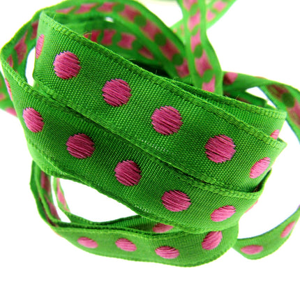 Bright Funky Narrow Ribbon with Woven Contrasting Spot - 10mm -5m or 20m Lengths - ThreadandTrimmings