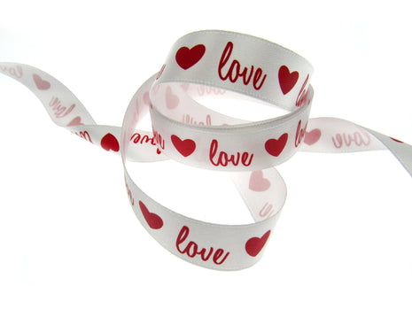 3m x 15mm Valentines Ribbon with Red Heart and Love - ThreadandTrimmings
