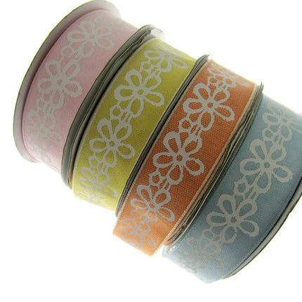 3 Meters x Spring Daisy Cotton Ribbon - 25mm Wide - Printed Daisy Chain - 55022