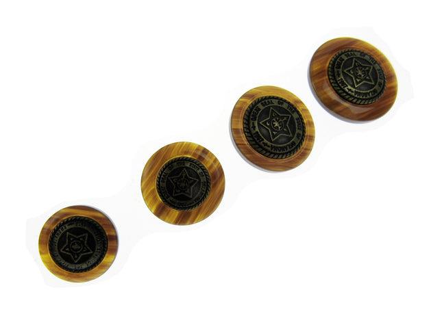 A set of four brown round buttons with a pentagon star pattern and wire shank for leather jackets and coats.