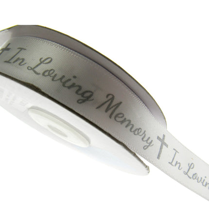 In Loving Memory Ribbon - 3m x Printed Single Sided White Satin With Cross - ThreadandTrimmings