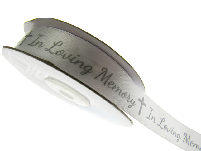 In Loving Memory Ribbon - 3m x Printed Single Sided White Satin With Cross - ThreadandTrimmings