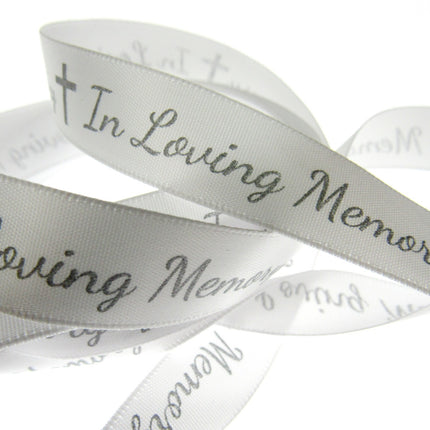 In Loving Memory Ribbon - 3m x Printed Single Sided White Satin With Cross - ThreadandTrimmings