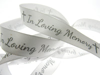 In Loving Memory Ribbon - 3m x Printed Single Sided White Satin With Cross