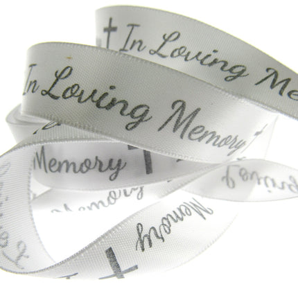 In Loving Memory Ribbon - 3m x Printed Single Sided White Satin With Cross - ThreadandTrimmings