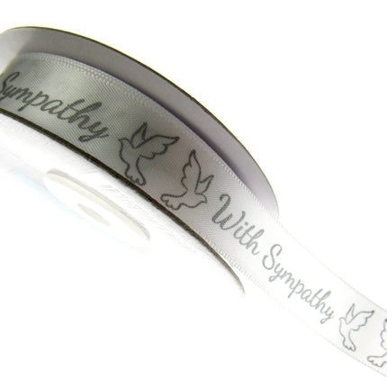 With Sympathy Ribbon - 3m Printed Single Sided White Satin Ribbon With Doves