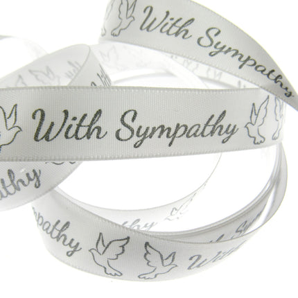 With Sympathy Ribbon - 3m Printed Single Sided White Satin Ribbon With Doves