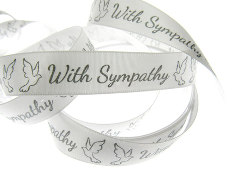 With Sympathy Ribbon - 3m Printed Single Sided White Satin Ribbon With Doves