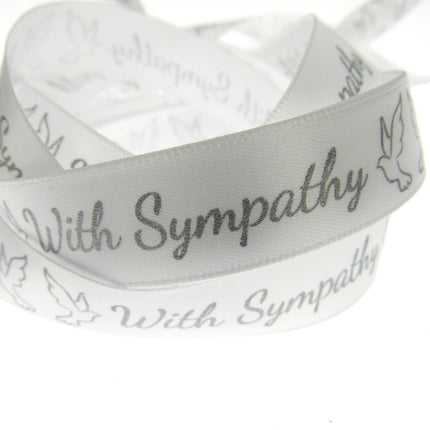 With Sympathy Ribbon - 3m Printed Single Sided White Satin Ribbon With Doves