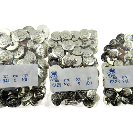 SILVER PLASTIC CRESTED BLAZER BUTTONS - 3 Sizes 15mm 18mm 21mm - With Shank CX23 - ThreadandTrimmings