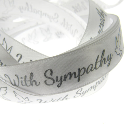 With Sympathy Ribbon - 3m Printed Single Sided White Satin Ribbon With Doves