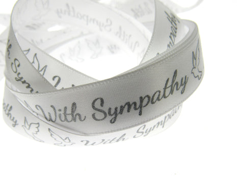 With Sympathy Ribbon - 3m Printed Single Sided White Satin Ribbon With Doves