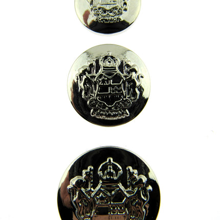 Three silver plastic blazer buttons with a crested design, displayed in different sizes.