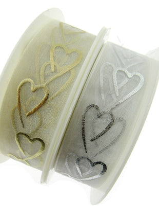 Heart Organza Ribbon with Printed Silver or Gold Heart - 3m Piece 15mm / 25mm - - ThreadandTrimmings