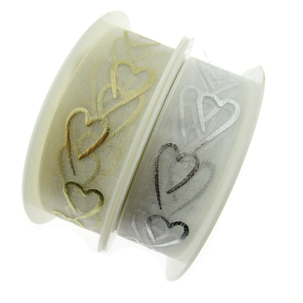 Heart Organza Ribbon with Printed Silver or Gold Heart - 3m Piece 15mm / 25mm - - ThreadandTrimmings