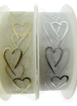 Heart Organza Ribbon with Printed Silver or Gold Heart - 3m Piece 15mm / 25mm - - ThreadandTrimmings