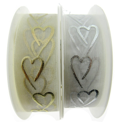 Heart Organza Ribbon with Printed Silver or Gold Heart - 3m Piece 15mm / 25mm - - ThreadandTrimmings