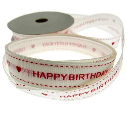 Happy Birthday Ribbon 16mm 10m Roll Cream Grosgrain with Red Text and Heart