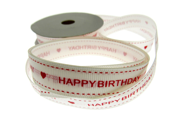 Happy Birthday Ribbon 16mm 10m Roll Cream Grosgrain with Red Text and Heart