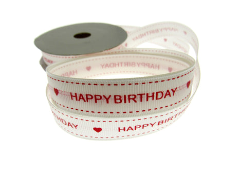 Happy Birthday Ribbon 16mm 10m Roll Cream Grosgrain with Red Text and Heart