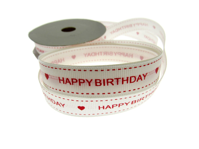 Happy Birthday Ribbon 16mm 10m Roll Cream Grosgrain with Red Text and Heart