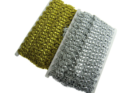 Lurex Braid With Scalloped Weave on Both Sides 25mm Wide In Gold or Silver - ThreadandTrimmings