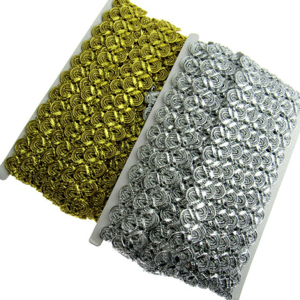 Lurex Braid With Scalloped Weave on Both Sides 25mm Wide In Gold or Silver - ThreadandTrimmings