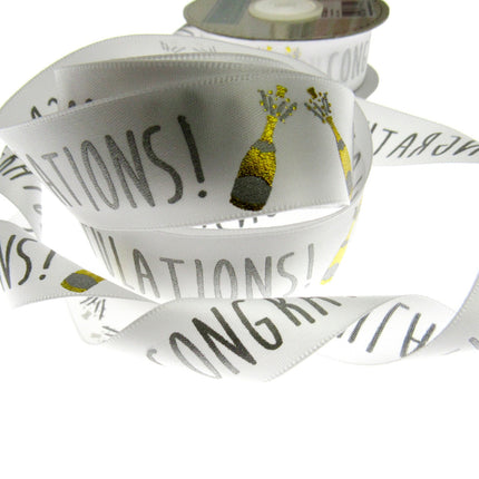 White Satin Congratulations Ribbon With Gold Lurex Champagne Bottle 25mm Wide