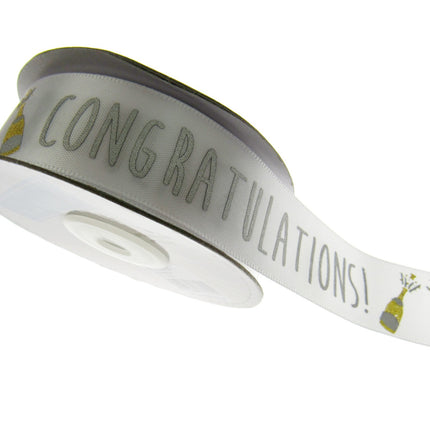 White Satin Congratulations Ribbon With Gold Lurex Champagne Bottle 25mm Wide
