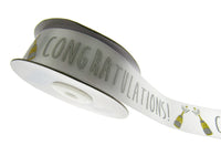 White Satin Congratulations Ribbon With Gold Lurex Champagne Bottle 25mm Wide