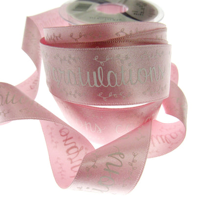 Baby Pink Satin Congratulations Ribbon 25mm x 3m – Berisfords Laurel Vine Edge