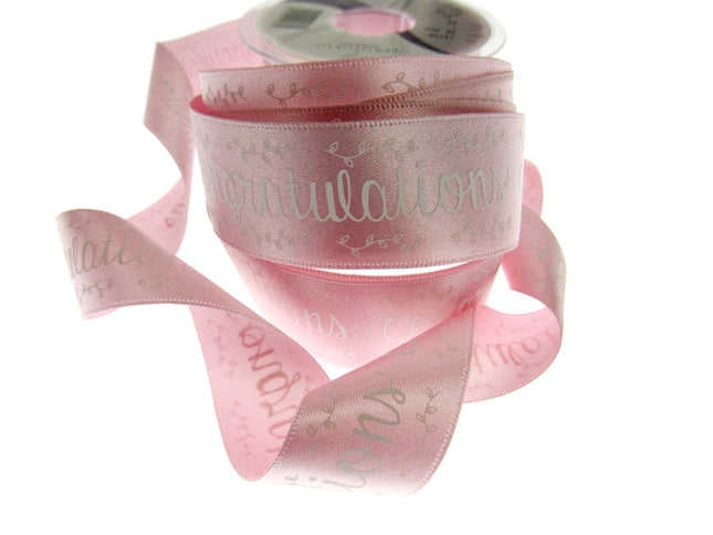 Baby Pink Satin Congratulations Ribbon 25mm x 3m – Berisfords Laurel Vine Edge