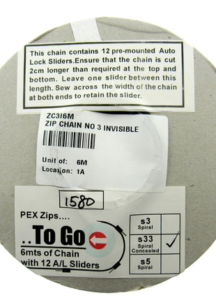Continuous Invisible Zip Chain with 12 Sliders 6m x No 3 Chain 4 x Colours - ThreadandTrimmings