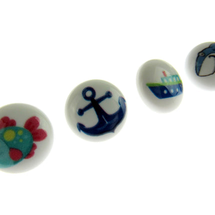 Round Seaside Buttons Fish Ship Shark Anchor Childrens Buttons On White Shank - ThreadandTrimmings