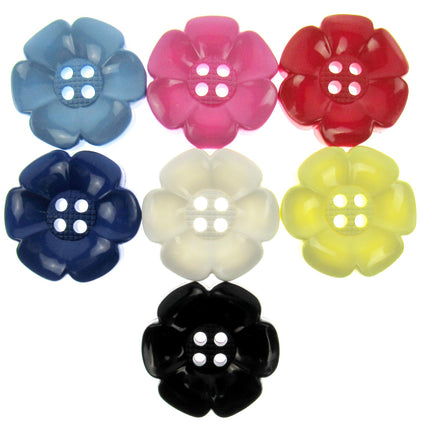Pack of three humongous sixty-five millimeter round daisy flower buttons showing the four hole fastening design.