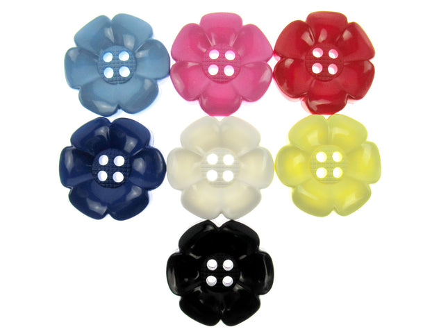 Pack of three humongous sixty-five millimeter round daisy flower buttons showing the four hole fastening design.